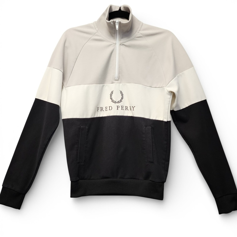 Fred Perry Embroidered Panel Sweatshirt Mens Small Black Cream 1/4 Zip PLS READ‎